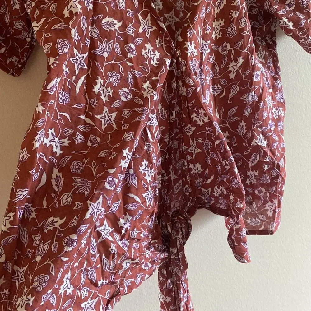 NWT Madewell Floral Wrap Top XS Rust Floral Puff Sleeve Tie Waist Blouse